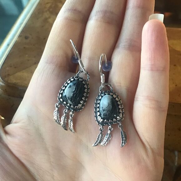 Natural White Buffalo Sterling Silver Feather Earrings - Picture 6 of 6